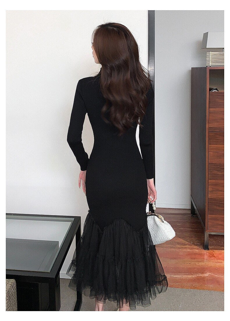 Stylish Black Midi Dresses For Women Patchwork Ruffles Mesh Ruched Slimy Mermaid Party Dress
