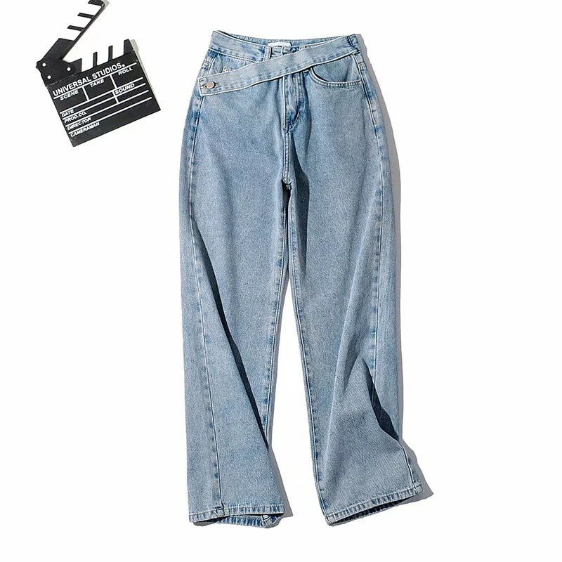 Women's Autumn New Retro Oblique Belt Design High Waist Straight Wide Leg Mopping Long Jeans - PUNK TRIBU ARTISTIC BY EMLNO