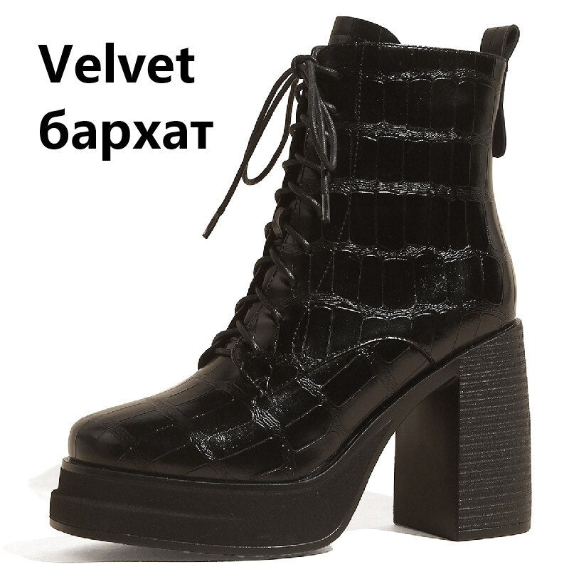 Botines per a dona de moda retro d'oficina Plataformes gruixudes de talons alts gruixuts Sabates de pell genuïna tardor hivern