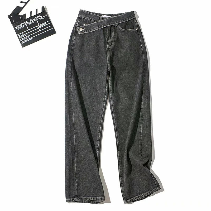 Women's Autumn New Retro Oblique Belt Design High Waist Straight Wide Leg Mopping Long Jeans - PUNK TRIBU ARTISTIC BY EMLNO