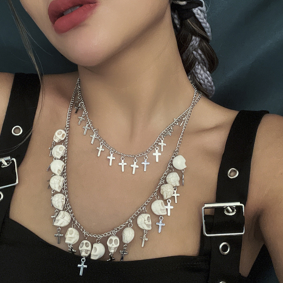 PUNK TRIBU New Halloween Skull Cross Dark Punk Retro Gothic Double Sweater Chain Necklace - PUNK TRIBU ARTISTIC BY EMLNO