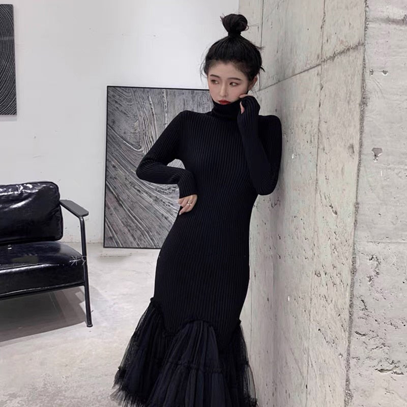 Stylish Black Midi Dresses For Women Patchwork Ruffles Mesh Ruched Slimy Mermaid Party Dress