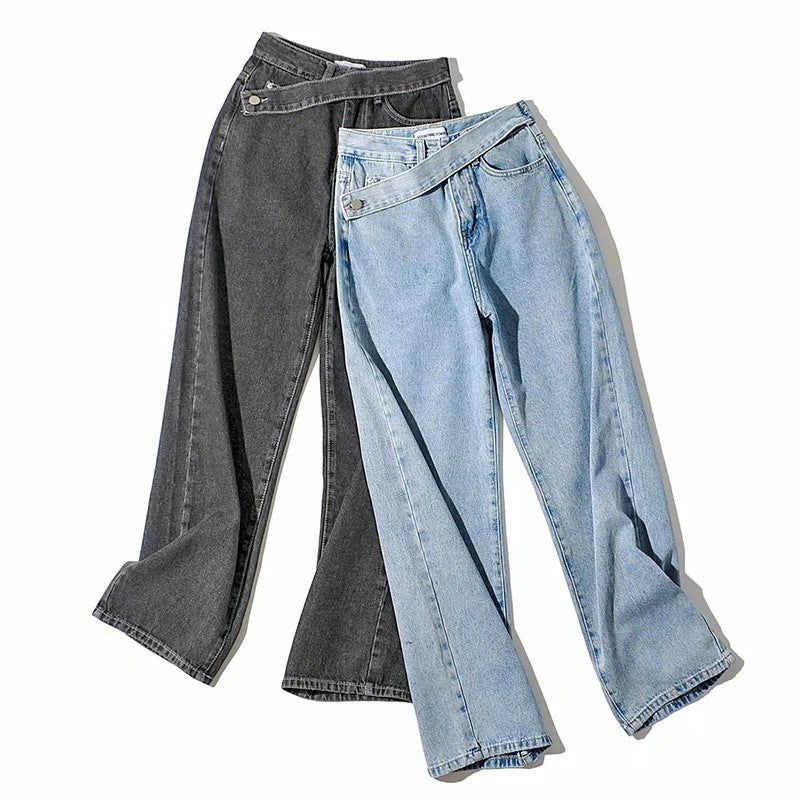 Women's Autumn New Retro Oblique Belt Design High Waist Straight Wide Leg Mopping Long Jeans - PUNK TRIBU ARTISTIC BY EMLNO