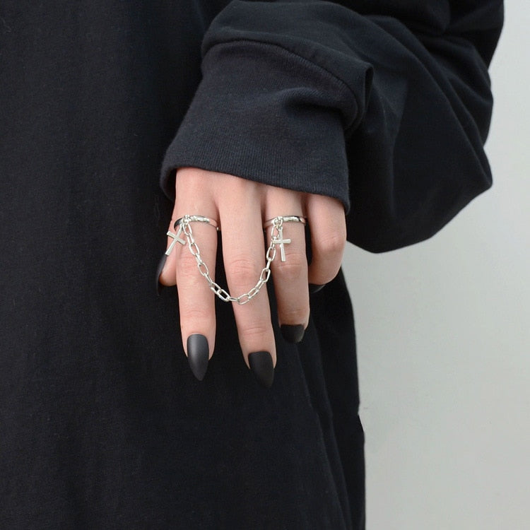 Silver Color Plated Retro Punk Hip-Hop Cross Ring Hand Finger Chain Adjustable Rings Jewelry Gift for Men Women Unisex Ring - PUNK TRIBU ARTISTIC BY EMLNO