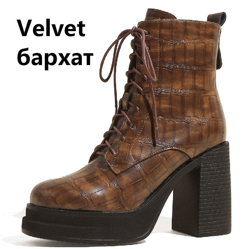 Botines per a dona de moda retro d'oficina Plataformes gruixudes de talons alts gruixuts Sabates de pell genuïna tardor hivern