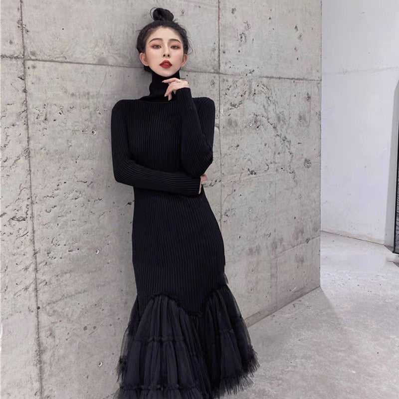 Stylish Black Midi Dresses For Women Patchwork Ruffles Mesh Ruched Slimy Mermaid Party Dress
