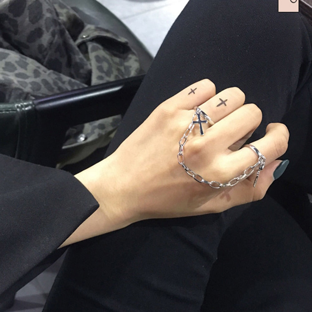 Silver Color Plated Retro Punk Hip-Hop Cross Ring Hand Finger Chain Adjustable Rings Jewelry Gift for Men Women Unisex Ring - PUNK TRIBU ARTISTIC BY EMLNO