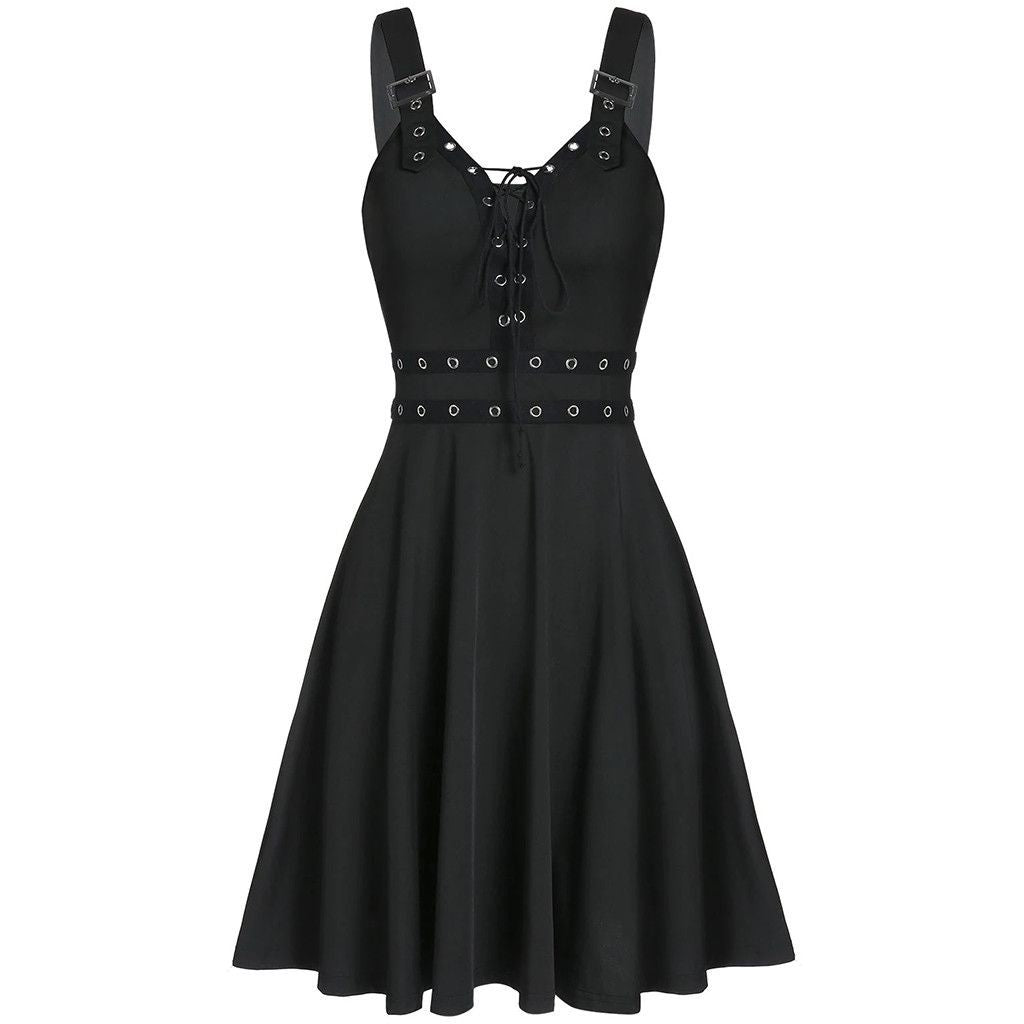 PUNK TRIBI New Women's Gothic Punk Panelled Lace-Up Slip Dress