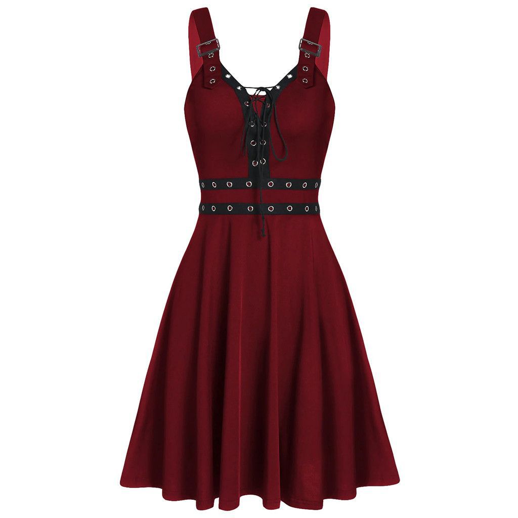 PUNK TRIBI New Women's Gothic Punk Panelled Lace-Up Slip Dress
