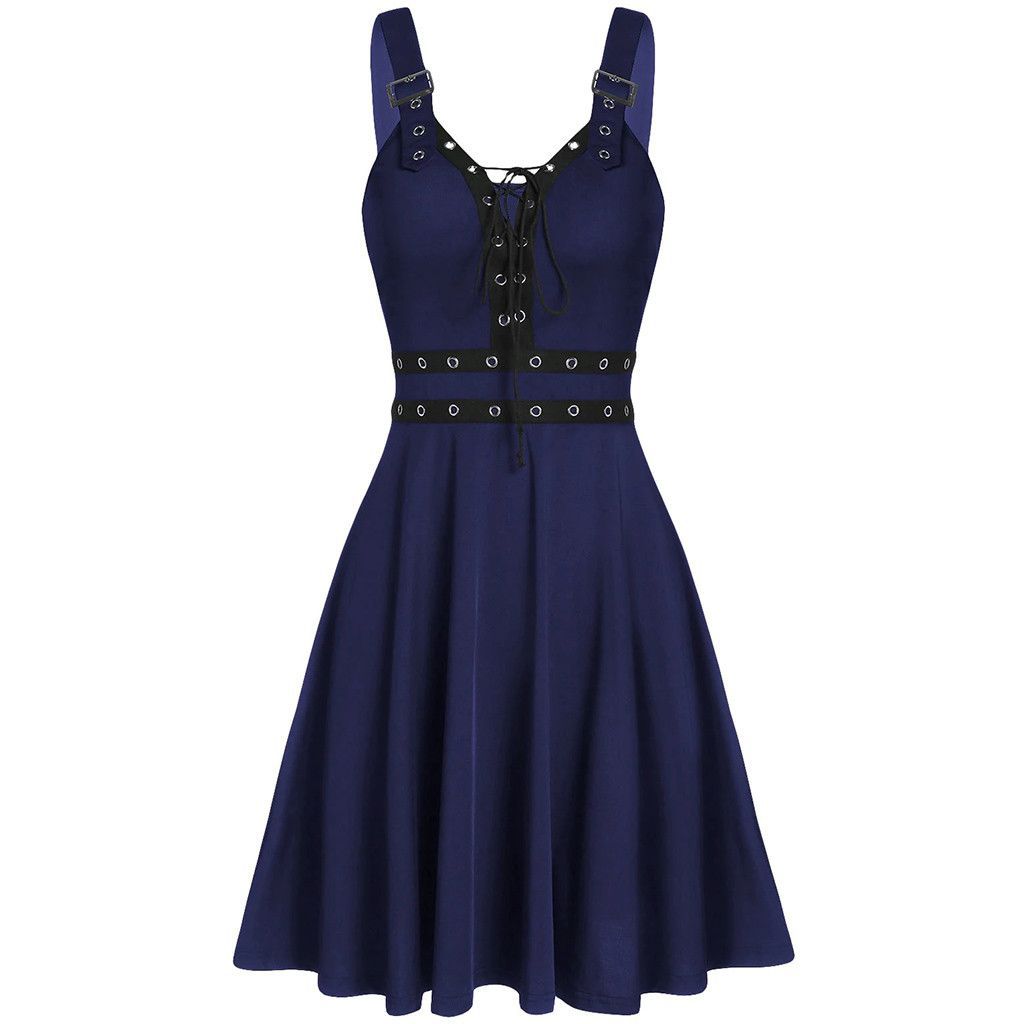 PUNK TRIBI New Women's Gothic Punk Panelled Lace-Up Slip Dress