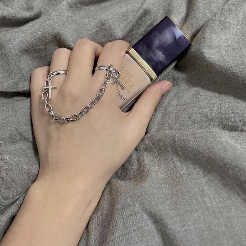 Silver Color Plated Retro Punk Hip-Hop Cross Ring Hand Finger Chain Adjustable Rings Jewelry Gift for Men Women Unisex Ring - PUNK TRIBU ARTISTIC BY EMLNO
