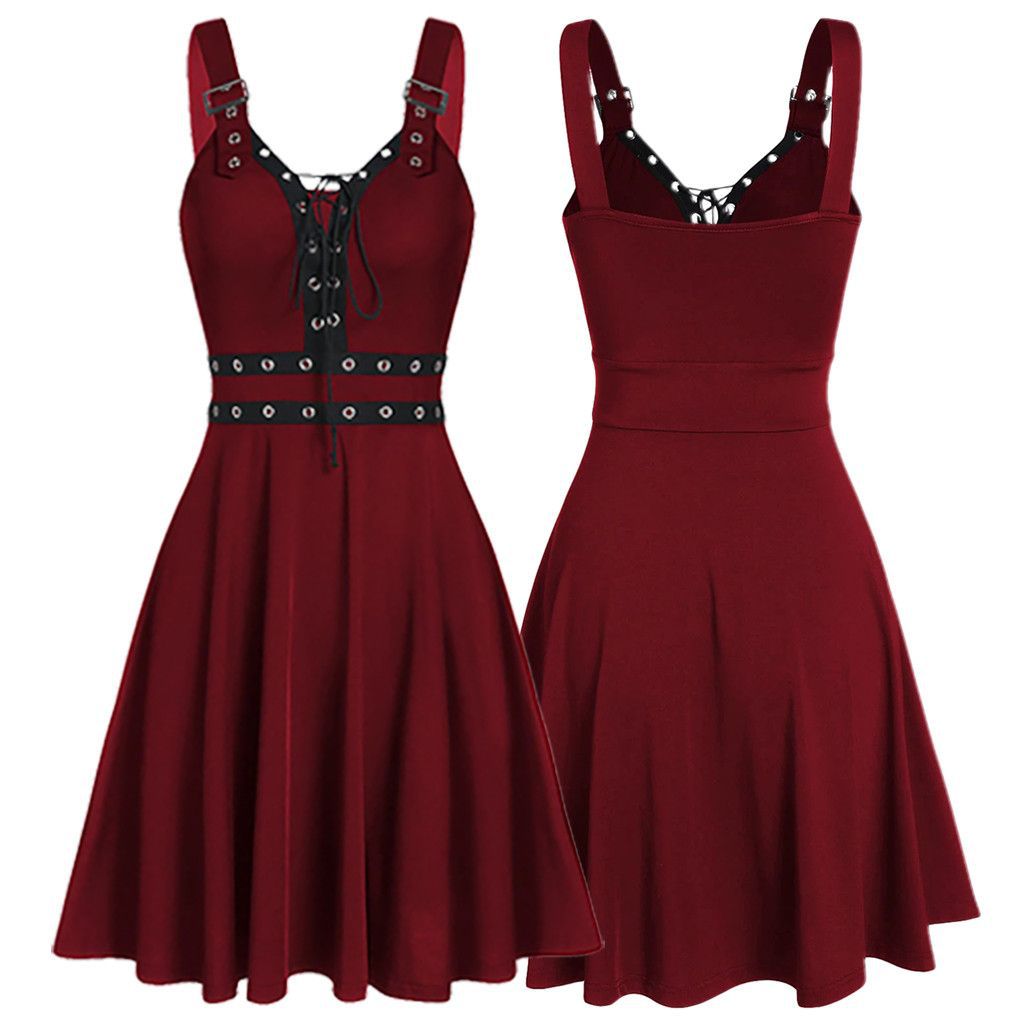 PUNK TRIBI New Women's Gothic Punk Panelled Lace-Up Slip Dress
