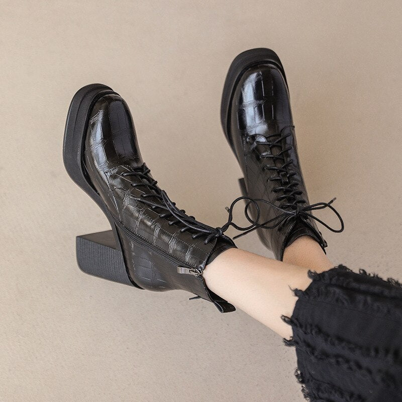 Botines per a dona de moda retro d'oficina Plataformes gruixudes de talons alts gruixuts Sabates de pell genuïna tardor hivern