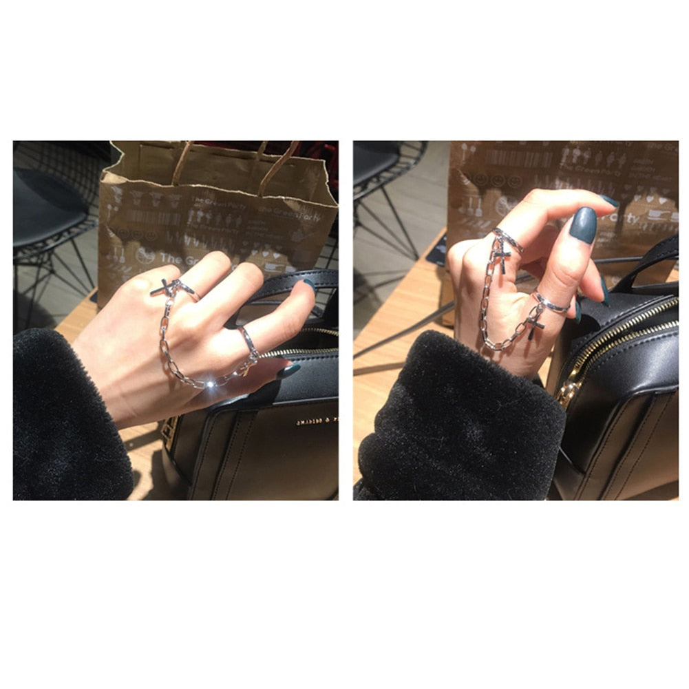 Silver Color Plated Retro Punk Hip-Hop Cross Ring Hand Finger Chain Adjustable Rings Jewelry Gift for Men Women Unisex Ring - PUNK TRIBU ARTISTIC BY EMLNO
