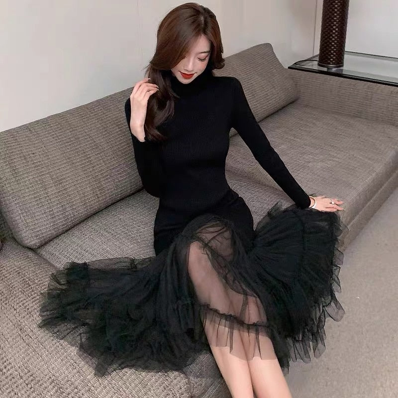 Stylish Black Midi Dresses For Women Patchwork Ruffles Mesh Ruched Slimy Mermaid Party Dress