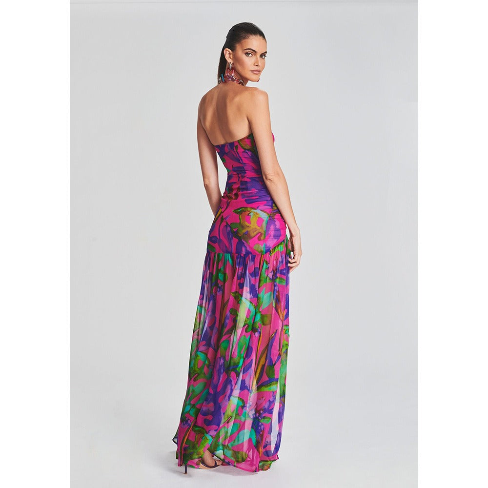 Vestit llarg estampat floral sense tirants, moda per a dona, sense mànigues, vestit maxi dividit, vestits de nit elegants de festa a la platja