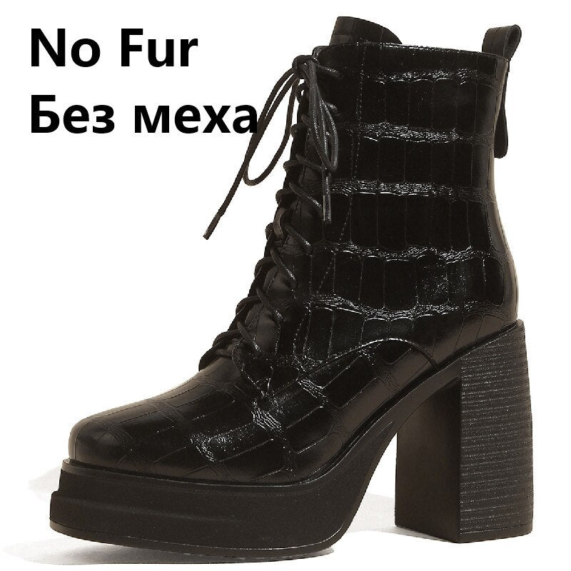 Botines per a dona de moda retro d'oficina Plataformes gruixudes de talons alts gruixuts Sabates de pell genuïna tardor hivern