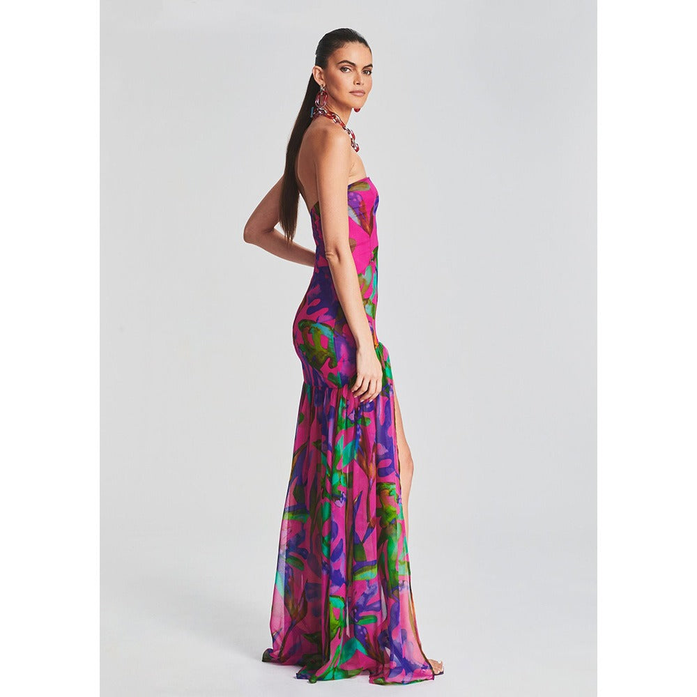 Vestit llarg estampat floral sense tirants, moda per a dona, sense mànigues, vestit maxi dividit, vestits de nit elegants de festa a la platja