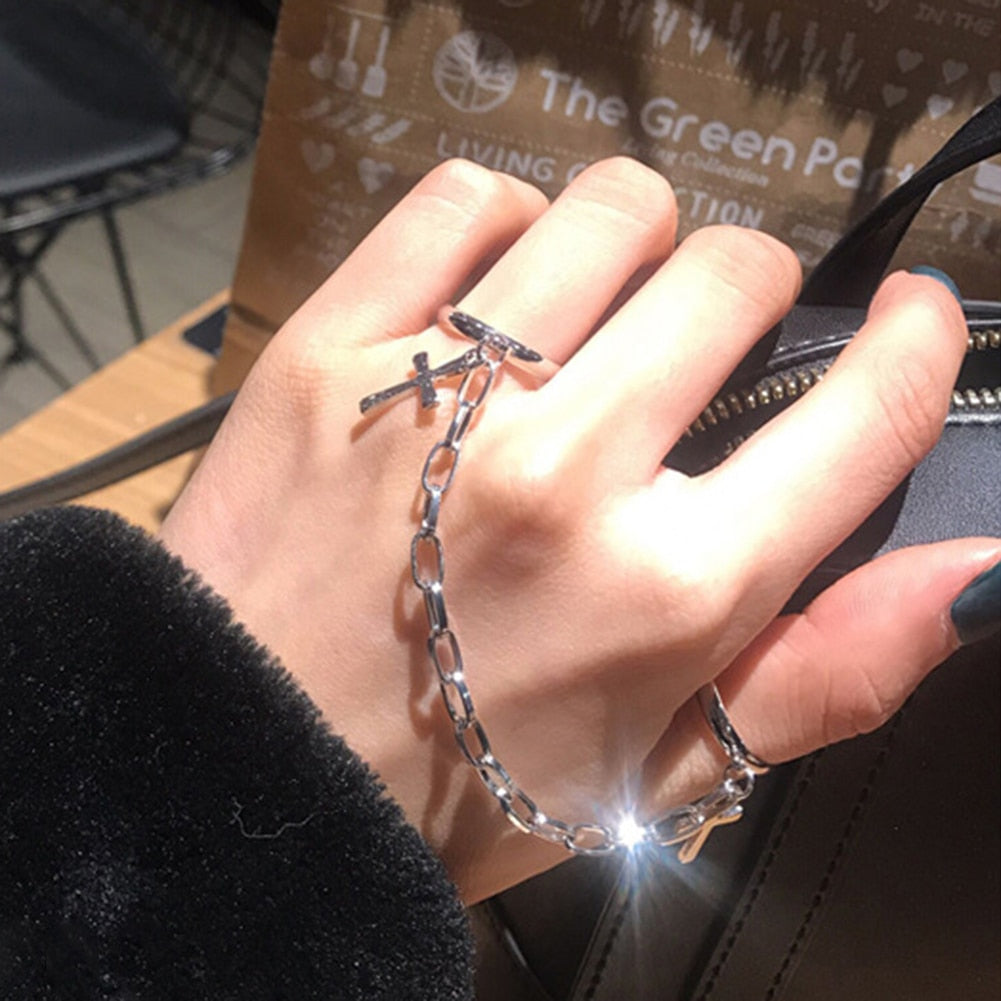 Silver Color Plated Retro Punk Hip-Hop Cross Ring Hand Finger Chain Adjustable Rings Jewelry Gift for Men Women Unisex Ring - PUNK TRIBU ARTISTIC BY EMLNO