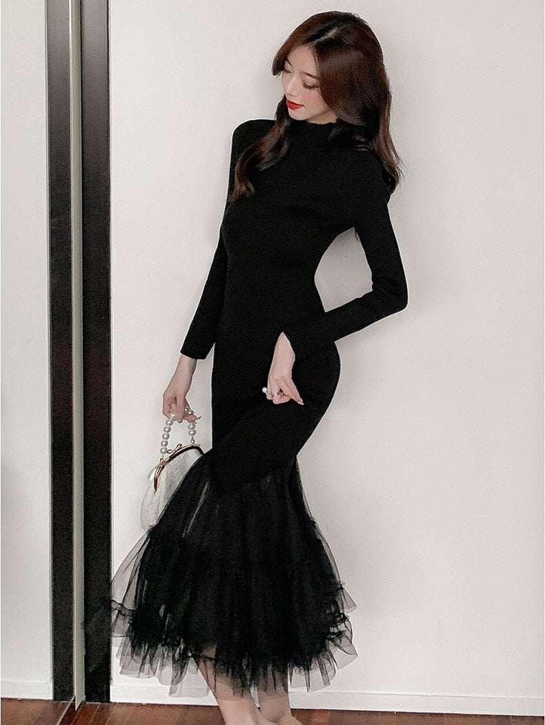 Stylish Black Midi Dresses For Women Patchwork Ruffles Mesh Ruched Slimy Mermaid Party Dress