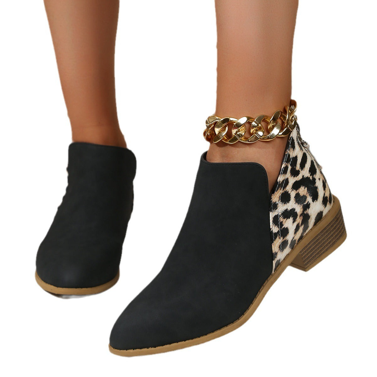 Botas con estampado de leopardo de moda Zapatos de tacón grueso puntiagudo con cremallera trasera para mujer 