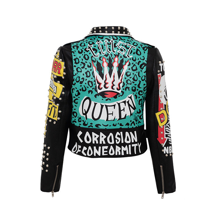 Jaqueta de pell estampada punk Graffiti Insígnia contrastada Biker