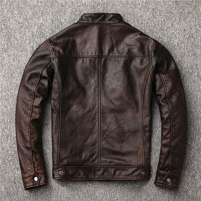 Chaqueta de cuero de motocicleta con cuello alto desgastado vintage de piel de vaca de capa superior