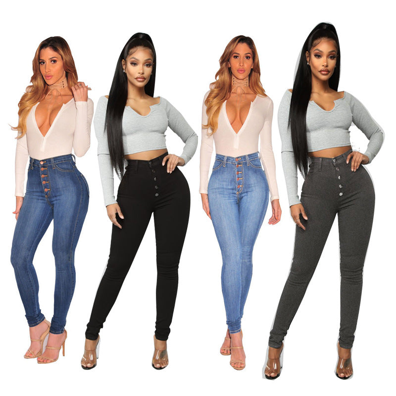 High Waist Hip Lift Slim Breasted New Jeans Stretch Skinny Trousers For Women