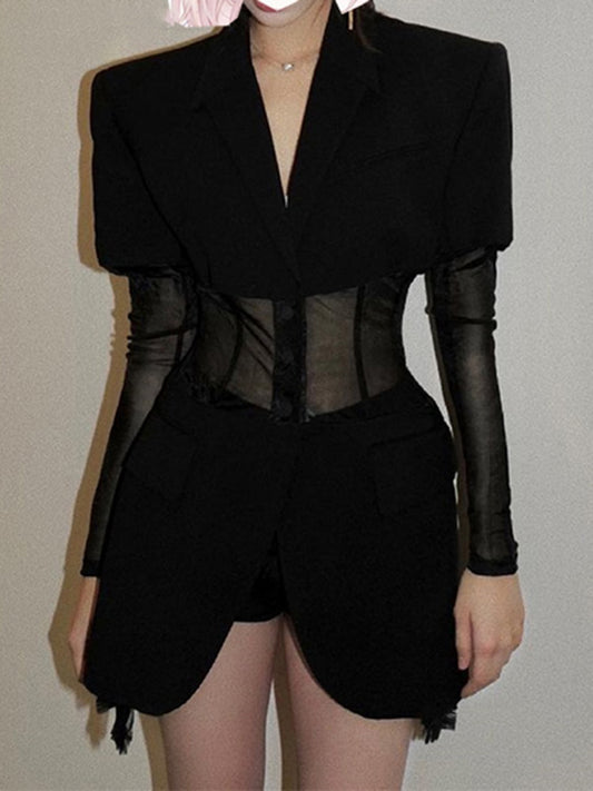 Fashion Women's Blazer New Notched Collar Patchwork See-through Mesh Single Breasted Slim Suit Jackets Autumn