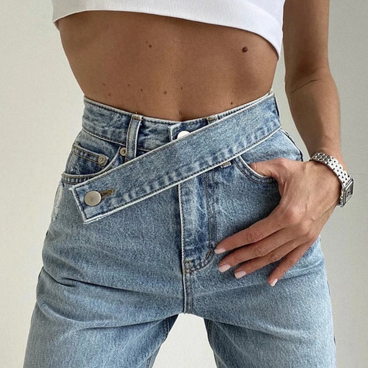 Women's Autumn New Retro Oblique Belt Design High Waist Straight Wide Leg Mopping Long Jeans