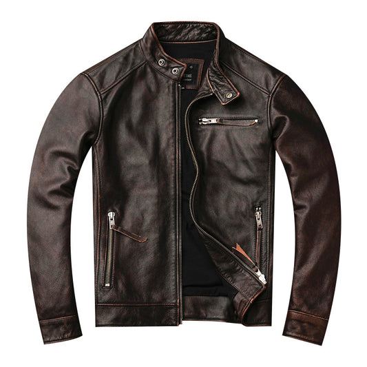 Top Layer Cowhide Vintage Distressed Stand-up Collar Motorcycle Leather Jacket