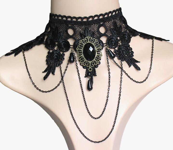 Punk cuello ancho collar de encaje negro vestido de banquete borla exagerada colgante cadena de clavícula para mujer 