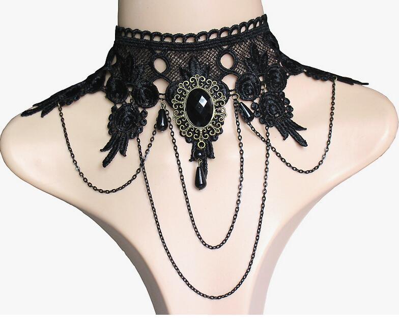 Punk cuello ancho collar de encaje negro vestido de banquete borla exagerada colgante cadena de clavícula para mujer 