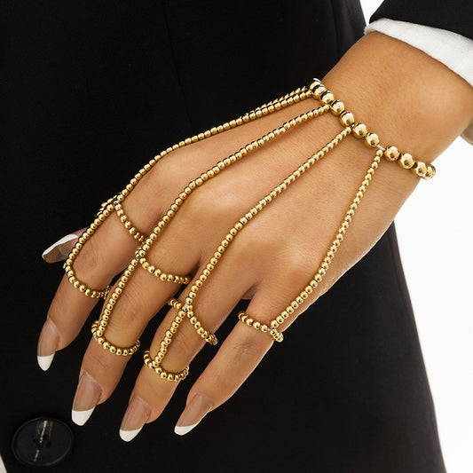 Punk Gold Silver White Color Chain Wrist Bracelet for Women Ring Set Men Fashion Pearl Acrylic Beads Jewelry