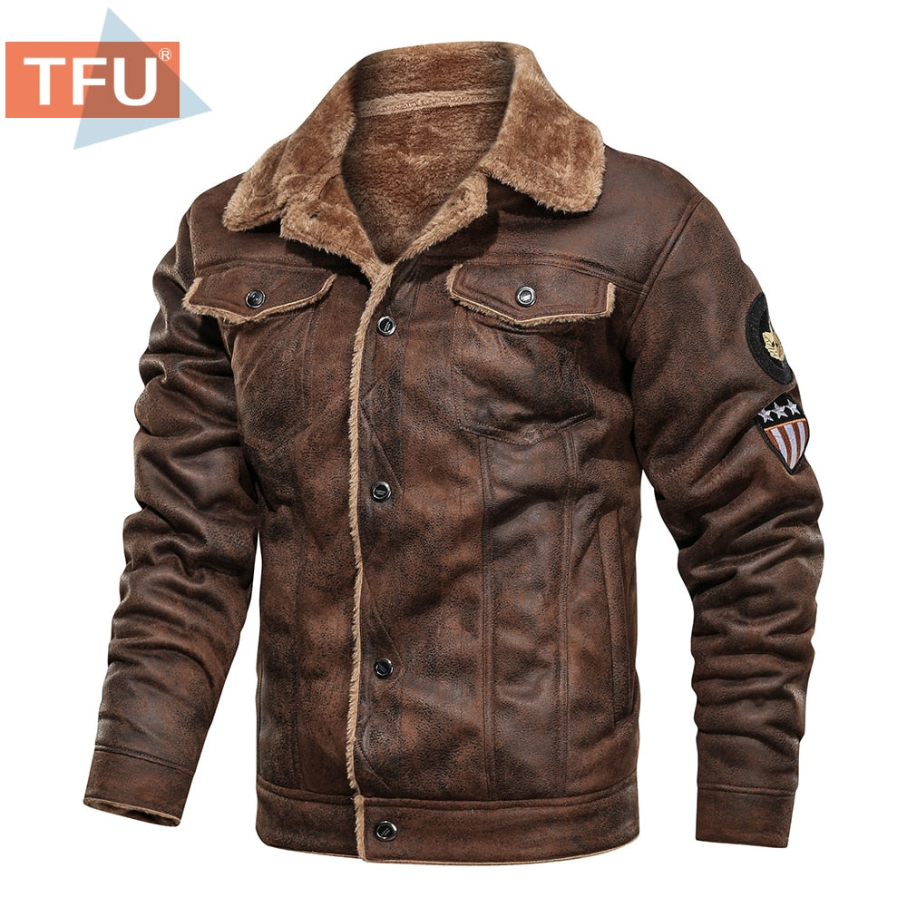 Chaqueta de cuero gruesa y cálida de otoño para hombre, abrigo de invierno para hombre, prendas de vestir, bombardero militar informal, chaquetas de cuero para motorista para hombre 