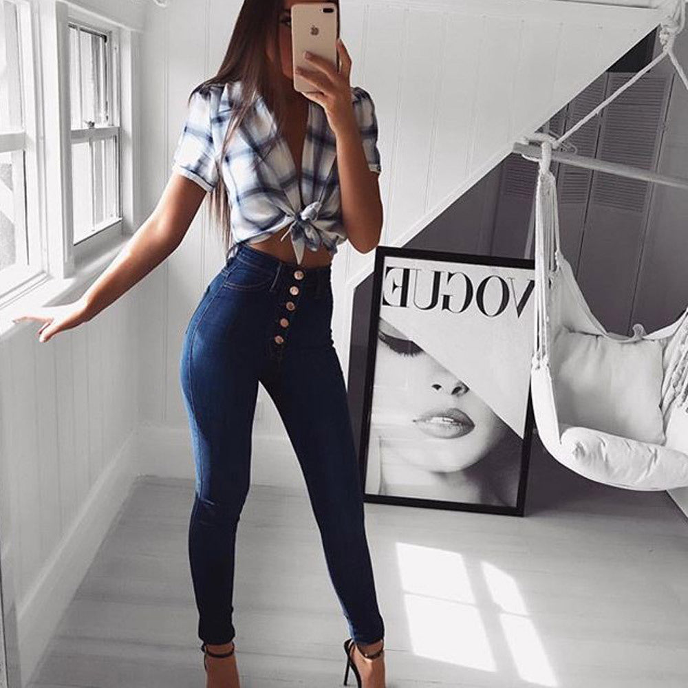 High Waist Hip Lift Slim Breasted New Jeans Stretch Skinny Trousers For Women