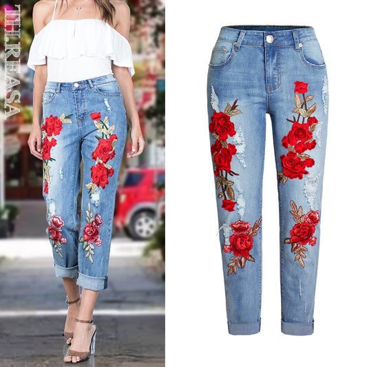 Women's Elastic Loose Jeans Women's Trousers Colorful Flowers 3D Three-Dimensional Embroidery Ripped Jeans