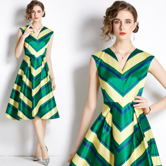 Tingfly Runway Designer Fashion Striped Summer Sleeveless Party Dresses Retro Balls Gowns Midi Long