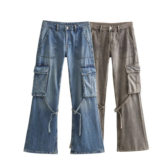 Autumn Fashion Casual High Waist Trousers Female Y2K Solid Denim Wide Leg Pants Women Long Jeans Cargo Pants