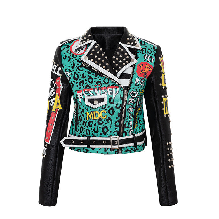 Punk Graffiti Print Leather Jacket Contrasting Badge Biker