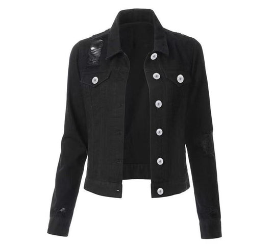 Women's Fashionable Temperament Slim-fit Buttoned Ripped Denim Jacket