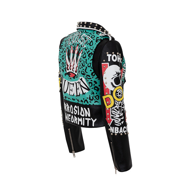 Jaqueta de pell estampada punk Graffiti Insígnia contrastada Biker